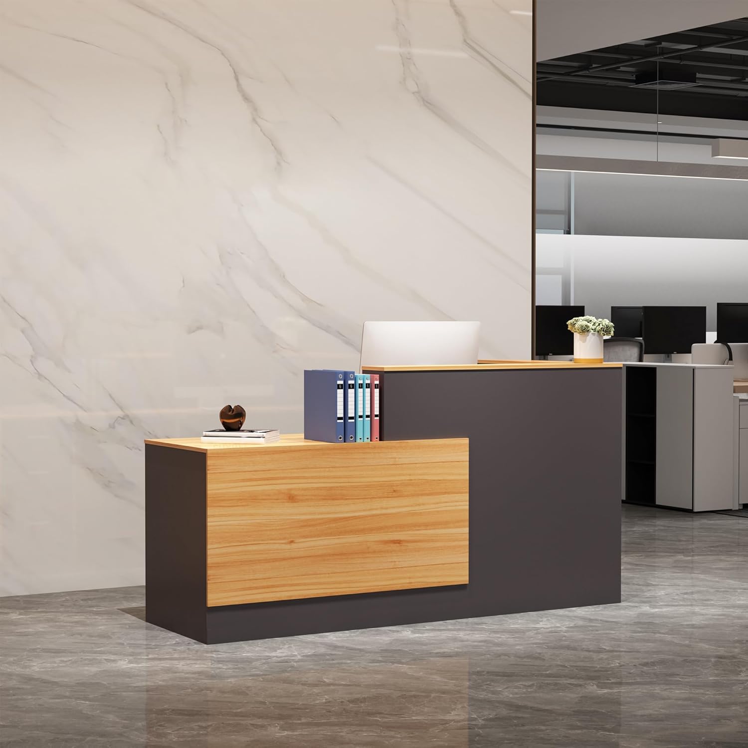 L-Shaped Reception Desk,Large Front Desk with Keyboard Tray, Lockable Drawers & File Cabinet, Receptionist Desk for Checkout,Lobby (Right L-Natural Wood/Slate Gray, 71''L x 23.6''W x 41.3''H)