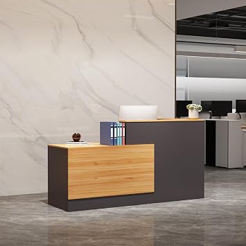 L-Shaped Reception Desk,Large Front Desk with Keyboard Tray, Lockable Drawers & File Cabinet, Receptionist Desk for Checkout,Lobby Right L-Natural Wood/Slate Gray, 71L x 23.6W x 41.3H