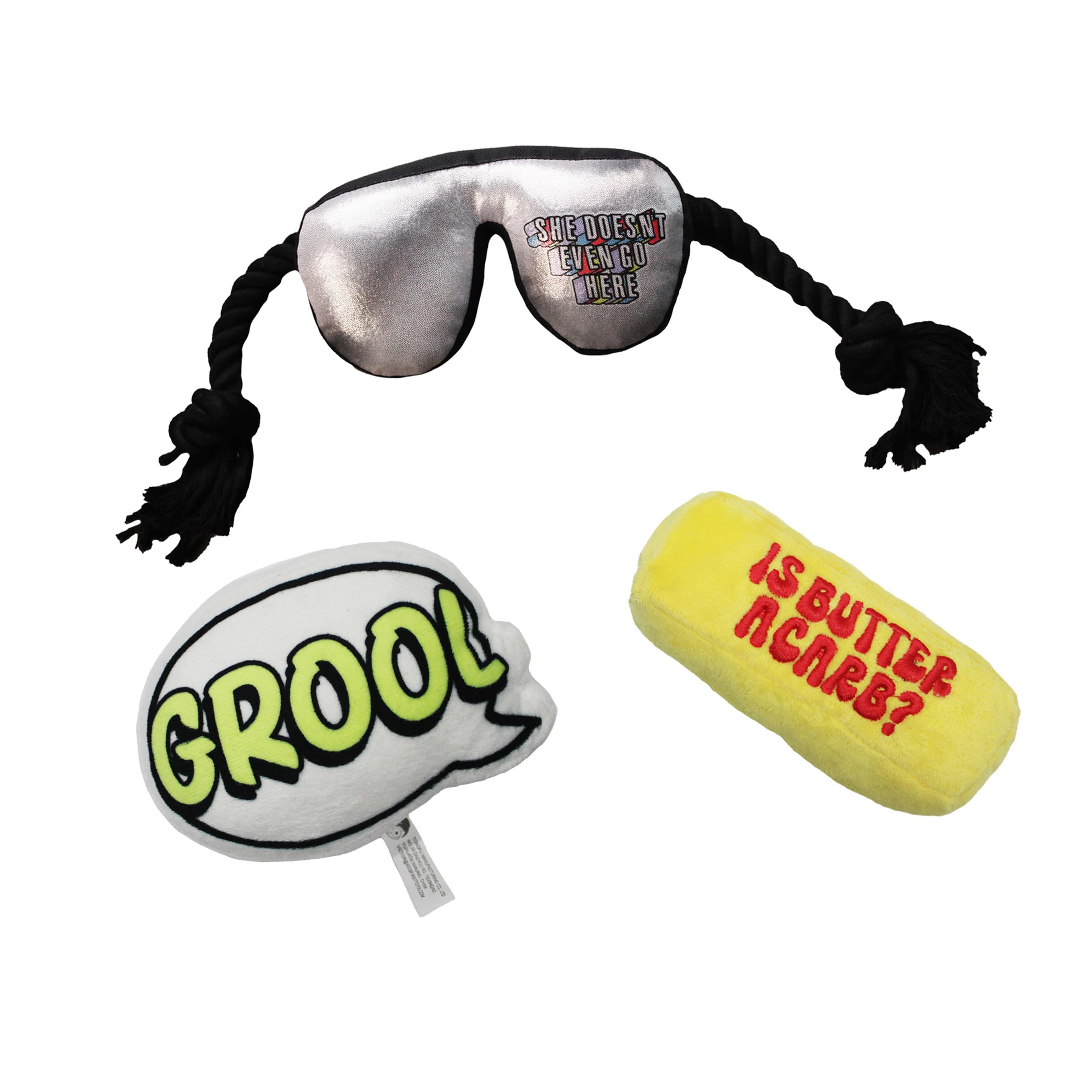 Official Mean Girls Merchandise | Variety 3-Pack Indoor Toy Bundle for Dogs | Catchphrase Bundle with Squeaky Grool Text Bubble, Stuffed Butter Stick and Chew Rope Sunglasses
