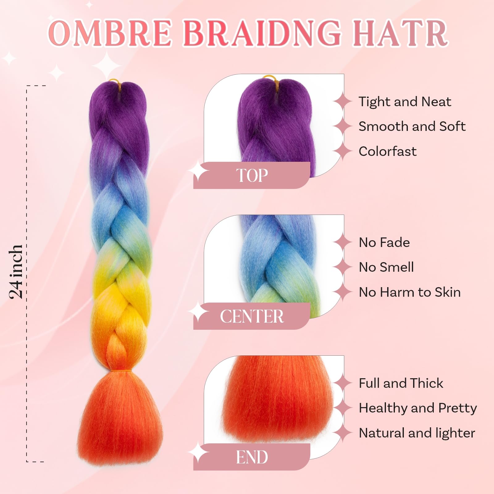 SEGO Pro Braiding Hair Extensions 24 Inch Yaki Synthetic Jumbo Box Braid Hair for Crochet Twist Braids for Women Pack of 3 (Purple to Blue to Yellow to Orange) - Image 2