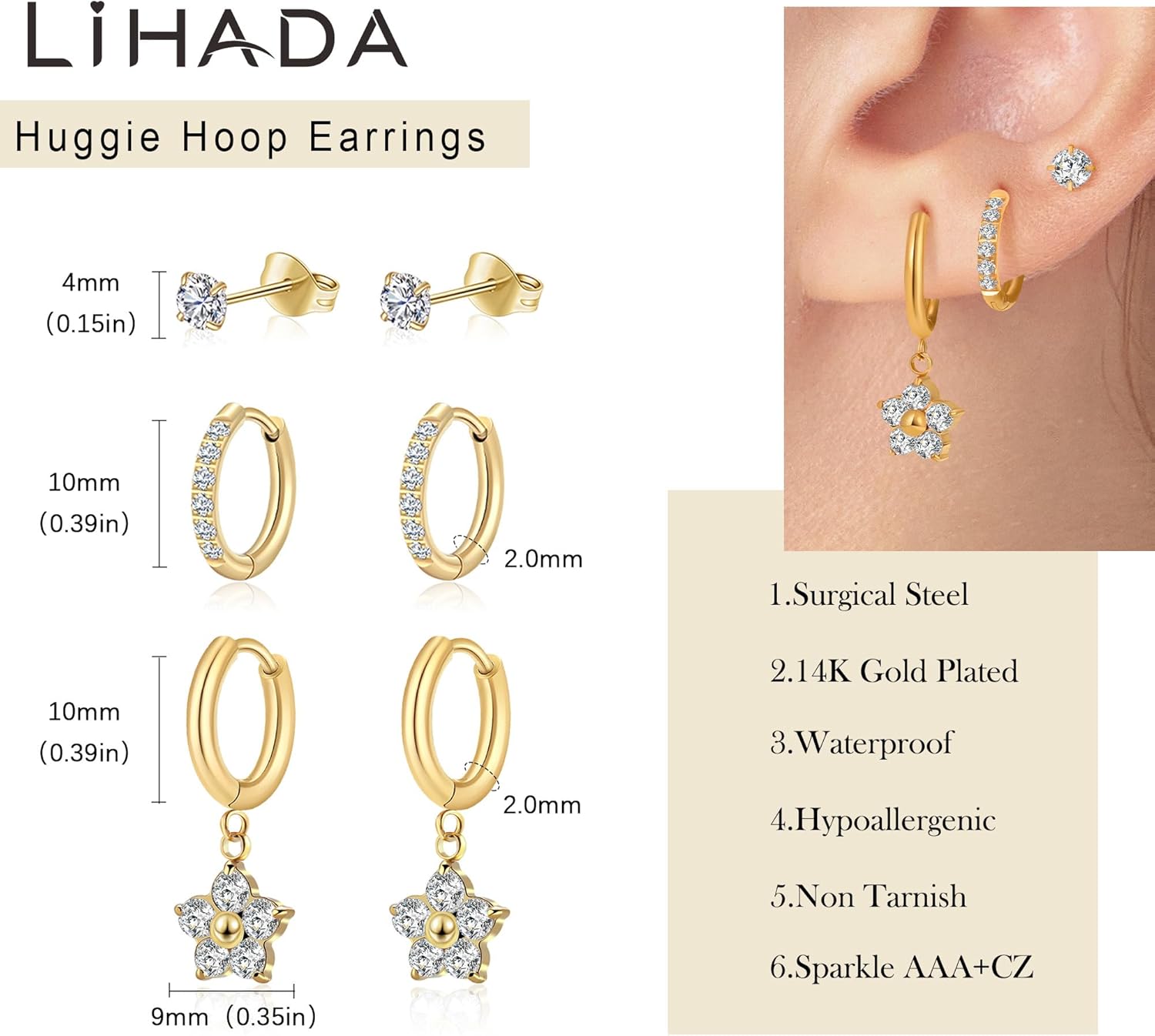 Surgical Steel Small 14K Gold Plated Huggie Hoop Earrings Set,Hypoallergenic Lightweight Waterproof & Non Tarnish, Drop Dangle with CZ for Women-Multiple Piercings - Image 2