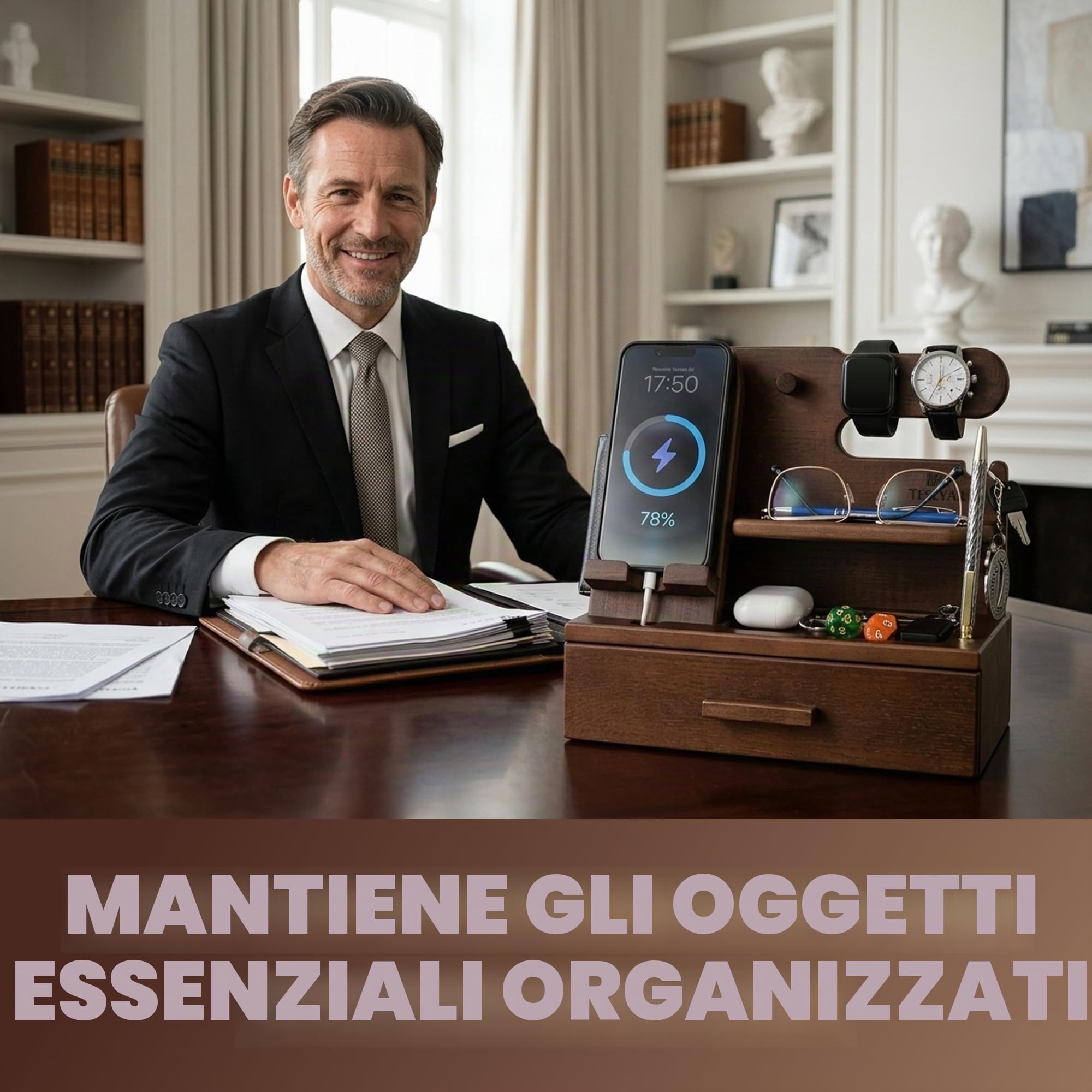 TESLYAR Stazione di ricarica telefono in legno con cassetto - Organizer da comodino - Organizer da scrivania per marito - Idee regalo di compleanno per uomini, papà, anniversario, portachiavi