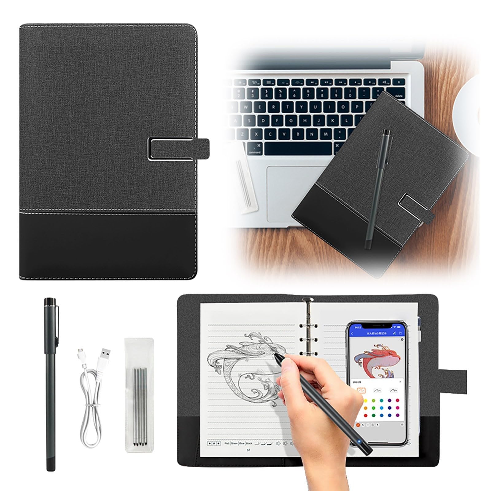 Bloc-notes numérique fonctionnel pour synchronisation avec technologie de stylo intelligent, idéal pour les études de bureau et les projets créatifs, organisation efficace du travail (A, taille unique