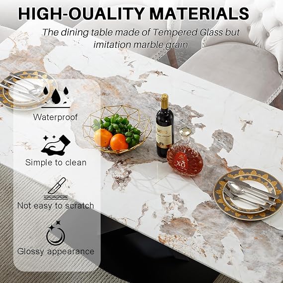 Modern Marble Dining Table, 70 White Kitchen Dining Room Table for 4 6 8 with 0.4 Thick Faux Marble Tabletop and Black Carbon Steel Pedestal,Luxurious Rectangle Large Dinner Table for Dining Room