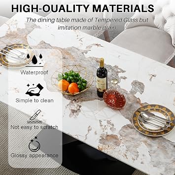 Modern Marble Dining Table, 70 White Kitchen Dining Room Table for 4 6 8 with 0.4 Thick Faux Marble Tabletop and Black Carbon Steel Pedestal,Luxurious Rectangle Large Dinner Table for Dining Room