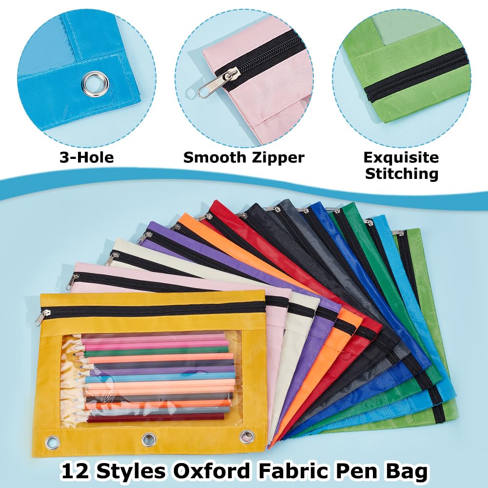 36 Astuccio trasparente con finestrella per raccoglitori, astuccio con chiusura lampo, 3 raccoglitori, per ufficio e casa, 12 colori