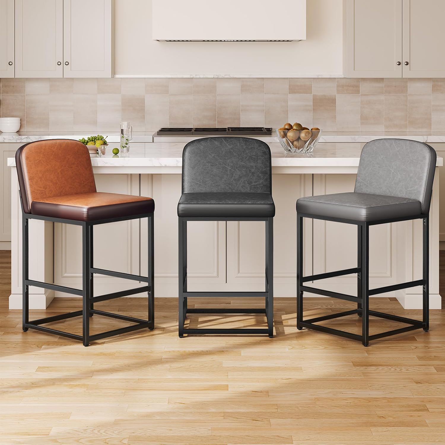 26" Bar Stools Set of 3, Upholstered Barstools with Back for Kitchen Island, Bar, Faux Leather Counter Height Stools with Firm Padded Seats & Sturdy Metal Bases, Simple Assembly, Brown, 3Pcs