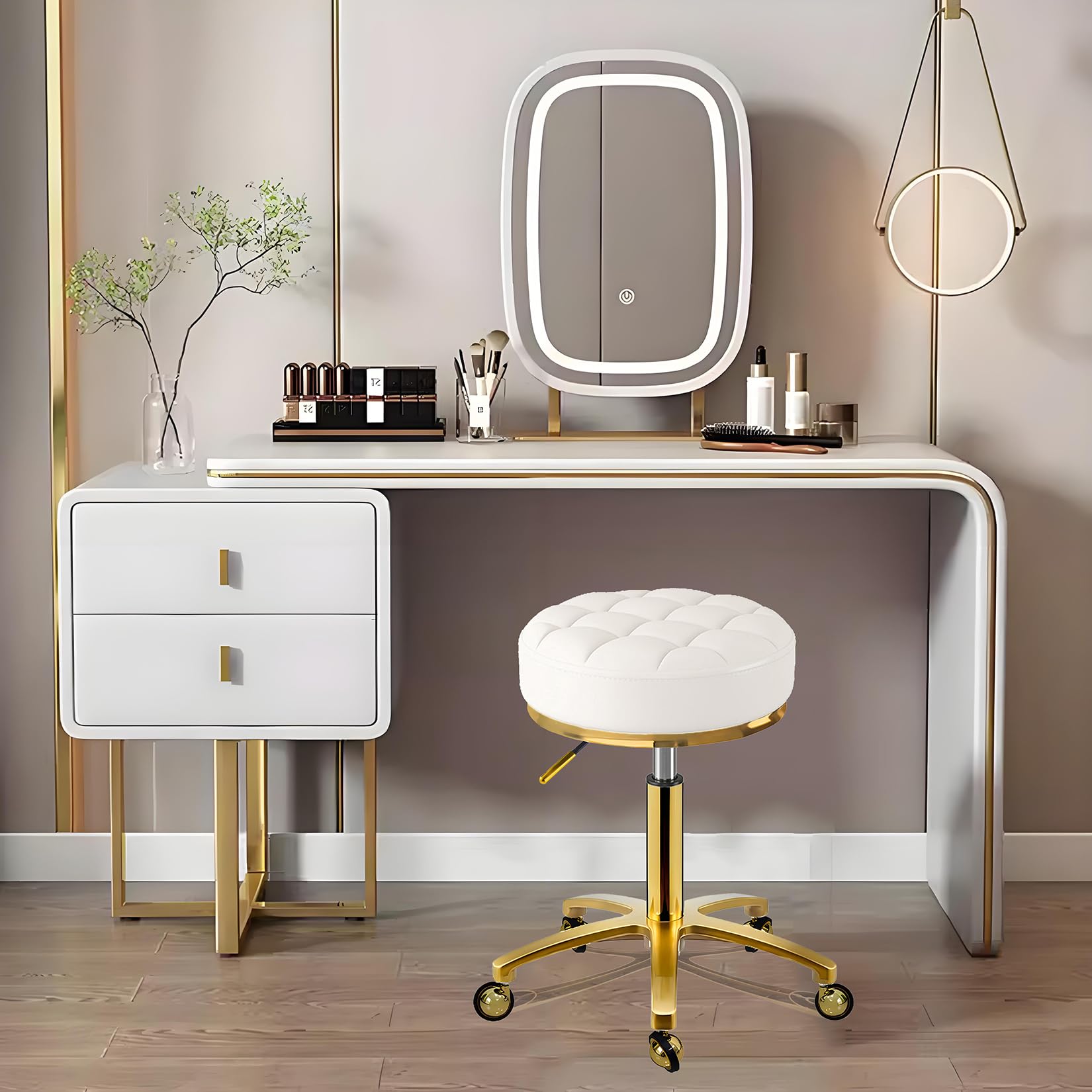 Sgabello Rotolante Girevole Dorato, Altezza Regolabile 43-55 cm, PU Pelle Sedia con Ruote, Telaio Placcato Oro, Girare Sedia per Cura dei Piedi, Tatuaggi (Bianco)