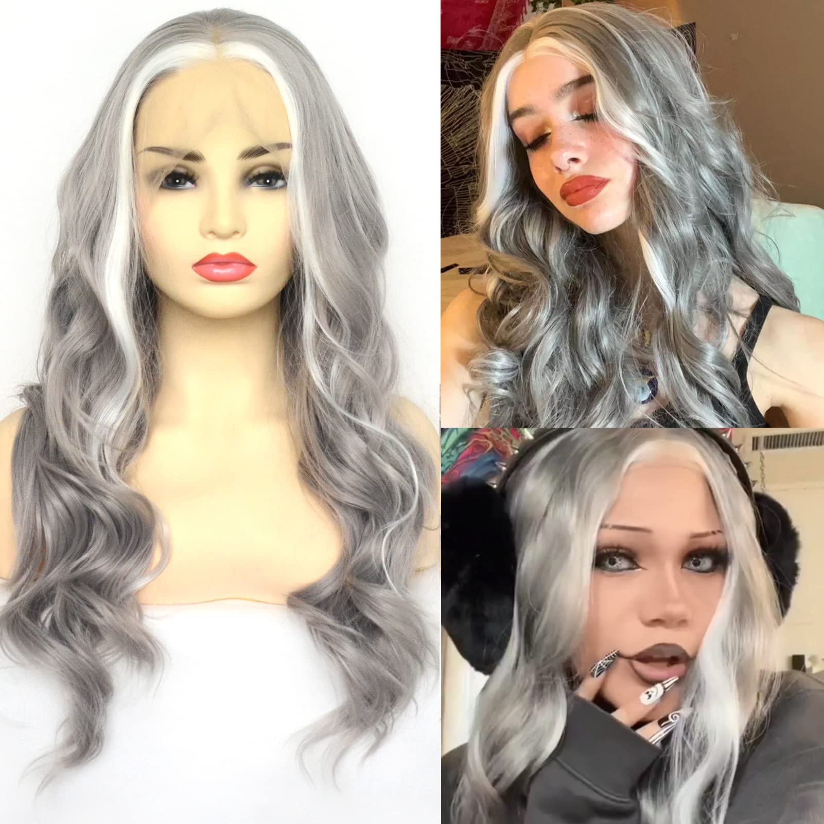 BLUPLE Highlight White Lace Front Wigs Grey Synthetic Wavy Hair Half Hand Tied Replacement Wig for Women (20 Inch, Wavy,Grey Highlight White)