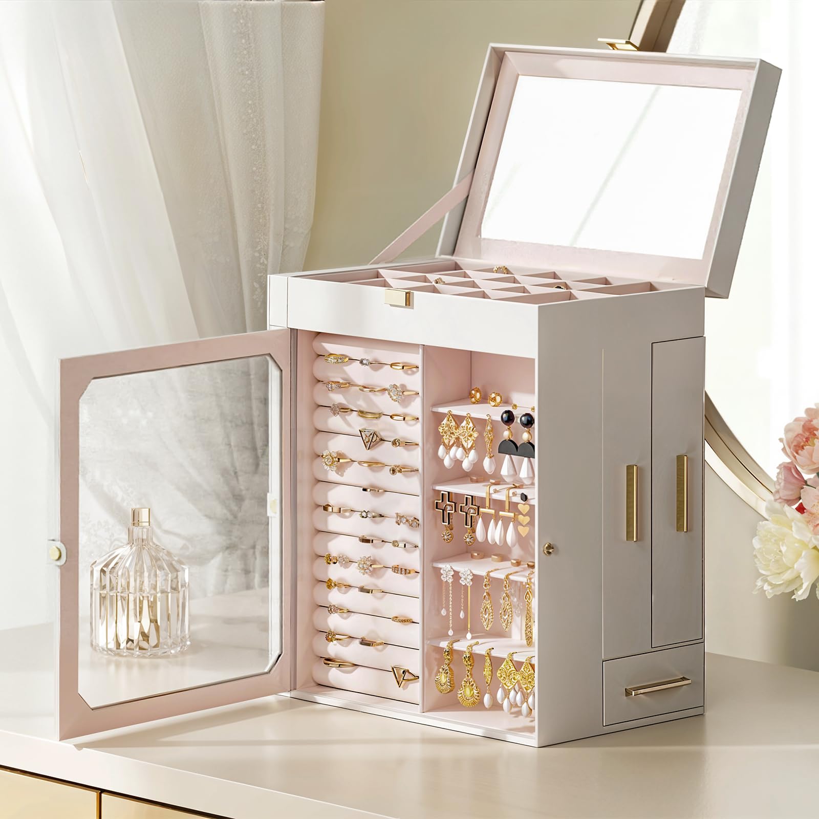 HOOBRO Schmuckschatulle mit Spiegel, Schmuckaufbewahrung, Schmuckkästchen Reise, Schmuck Organizer mit Glasfenster, vertikale Aufbewahrung, für Ohrringe, Ringe, Halsketten, Weiß EWT03JB04G2