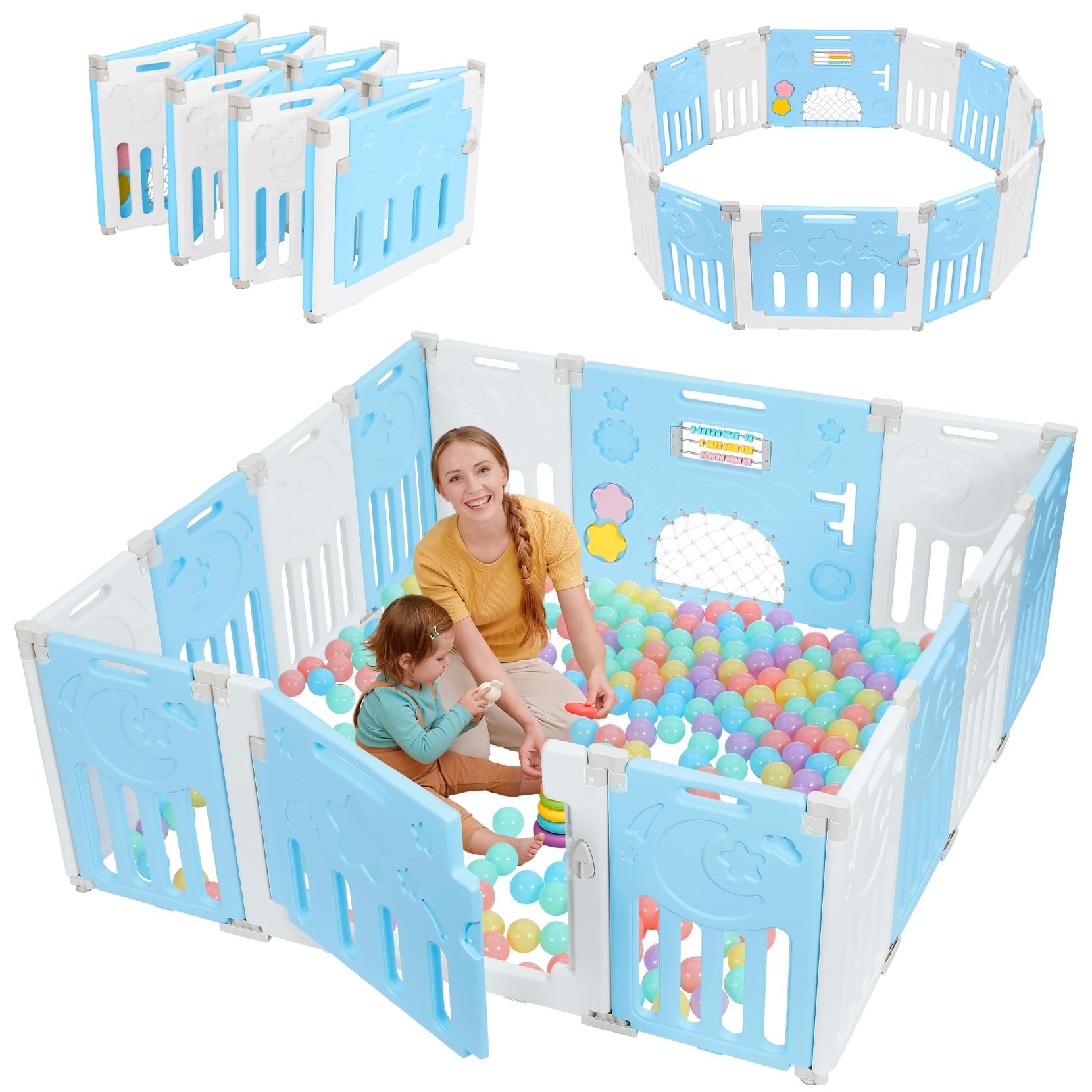 Dripex Laufstall Baby faltbar 150x150x62cm (14 Paneele) mit Spielboard, Laufgitter Baby, Kinderlaufstall & Babyzaun aus strapazierfähigem Plastik, Playpen für Innen & Außen, Blau