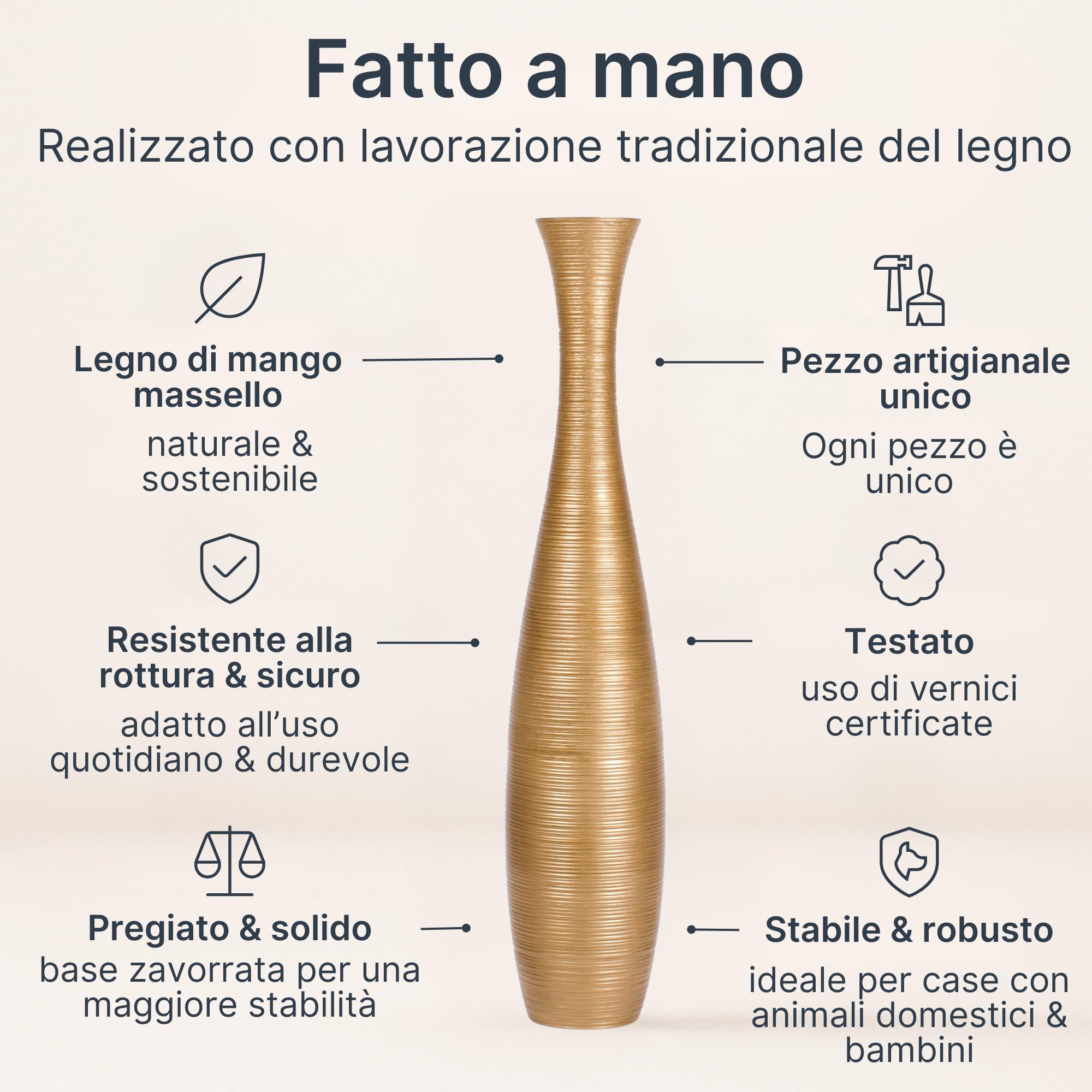 Leewadee Vaso da Terra Grande Alto 65 cm - Vaso Oro Legno di Mango Fatto a Mano da Interno Erbe della Pampa