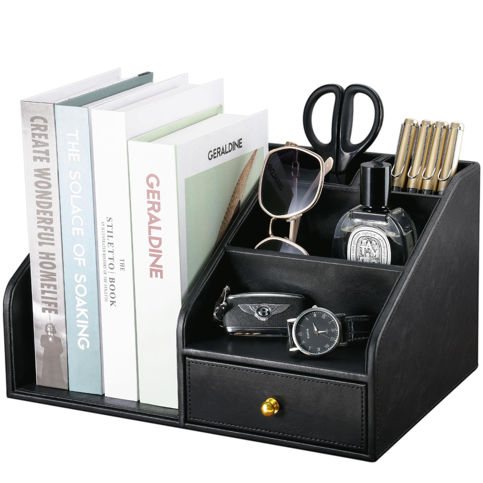 KINGFOM Organisateur de Bureau avec Porte-revues A4, Rangement de Bureau en Cuir, Multifonction Pot à crayon Porte Revue Bureau (Noir)
