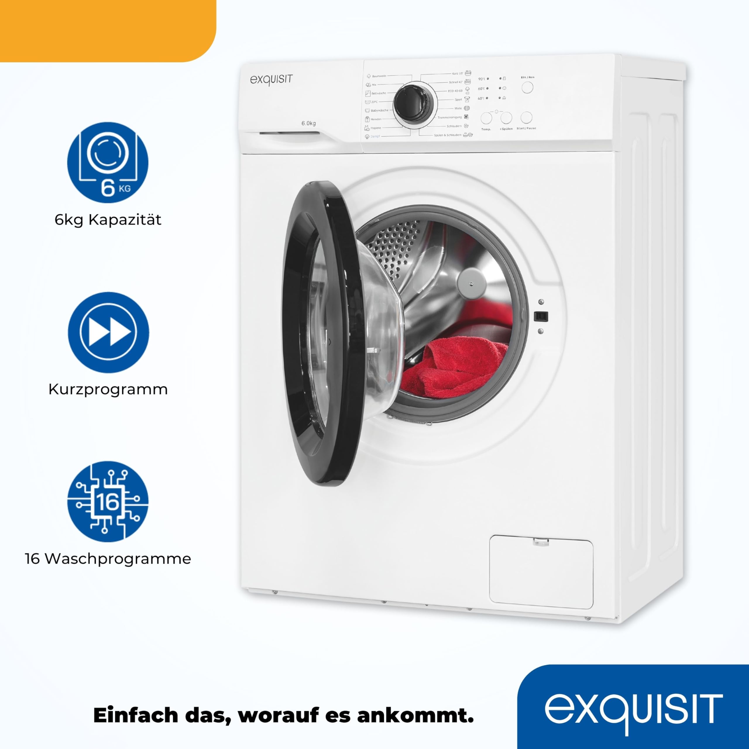 Exquisit Waschmaschine WA6110-020A Weiss - 6 kg - Energieklasse A | Frontlader mit 1000 U/min, 16 Programmen inkl. Kurzprogramm, AquaStop und integrierter Kindersicherung für den Haushalt