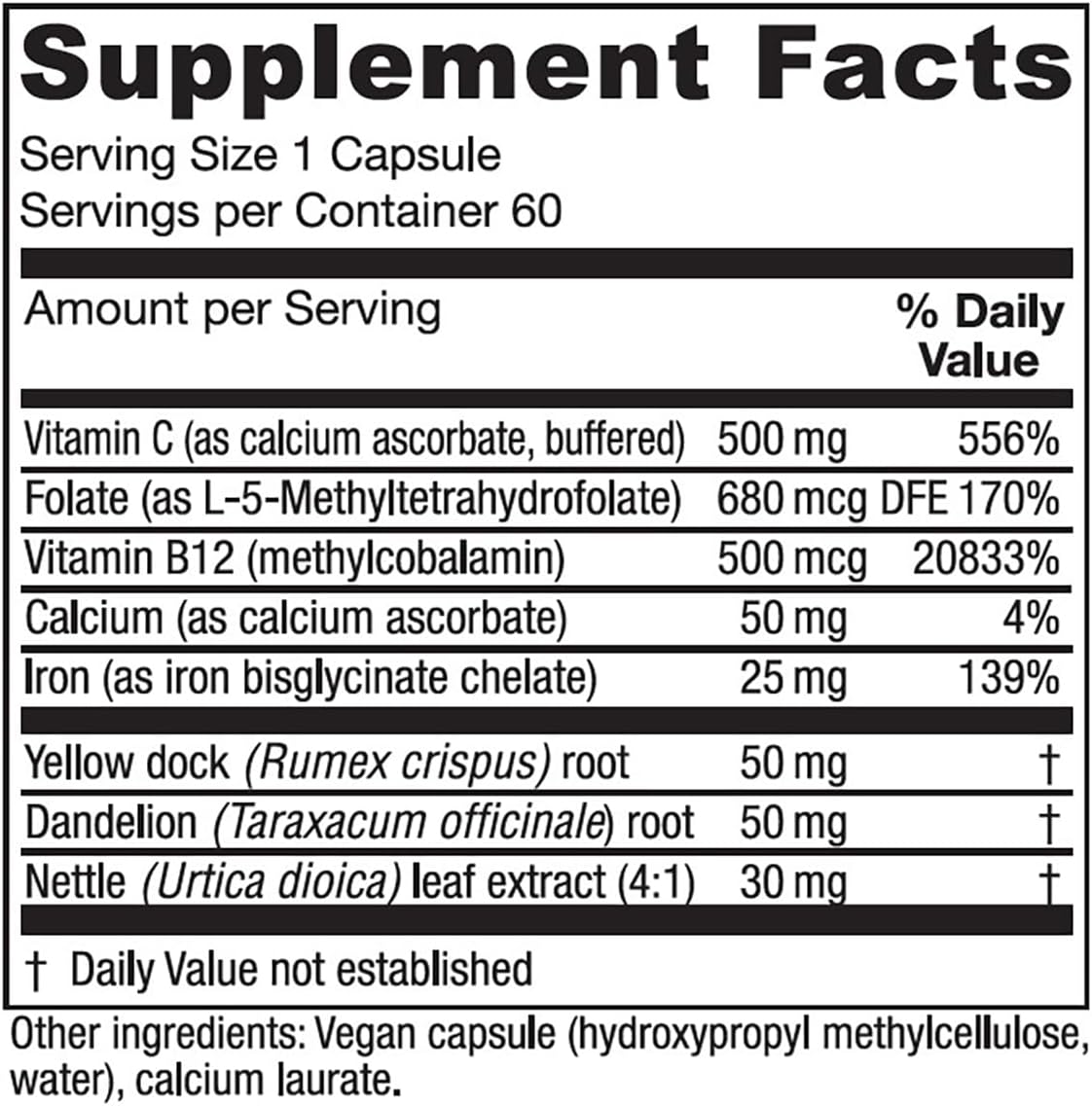Vitanica Iron Extra, Iron Supplement Enhanced Absorption with Vitamin C 500mg, Methylfolate 400mcg, B12 Vitamin 500mcg, Calcium, Yellow Dock, Dandelion Root & Nettle Leaf Extract, Vegan, 60 Capsules