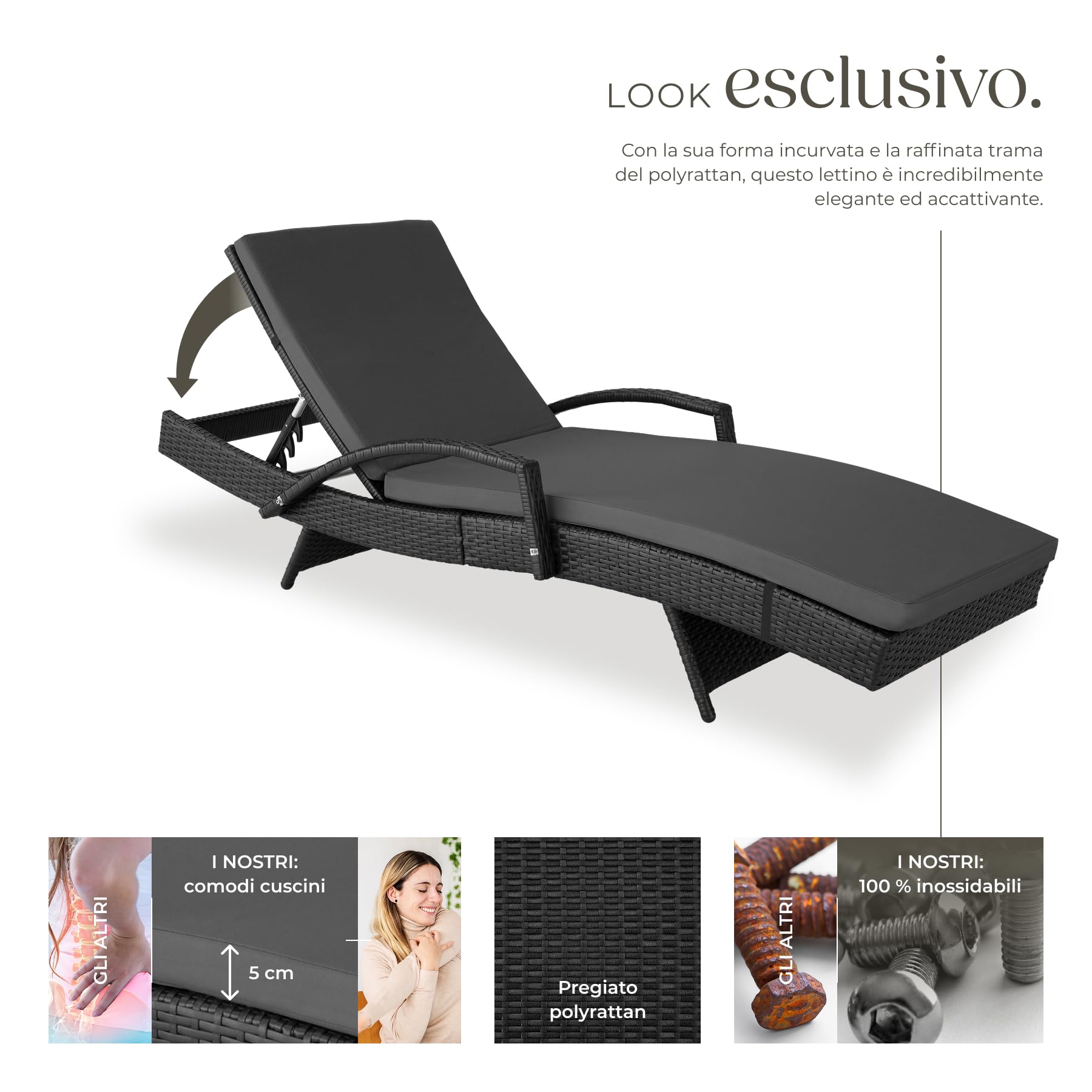 tectake® Lettino Prendisole in Rattan, Struttura in Alluminio, Schienale Regolabile, Cuscino lettino Imbottito Incluso, Lettino Ideale per Giardino, Piscina e Terrazza, Portata 150 kg - Nero