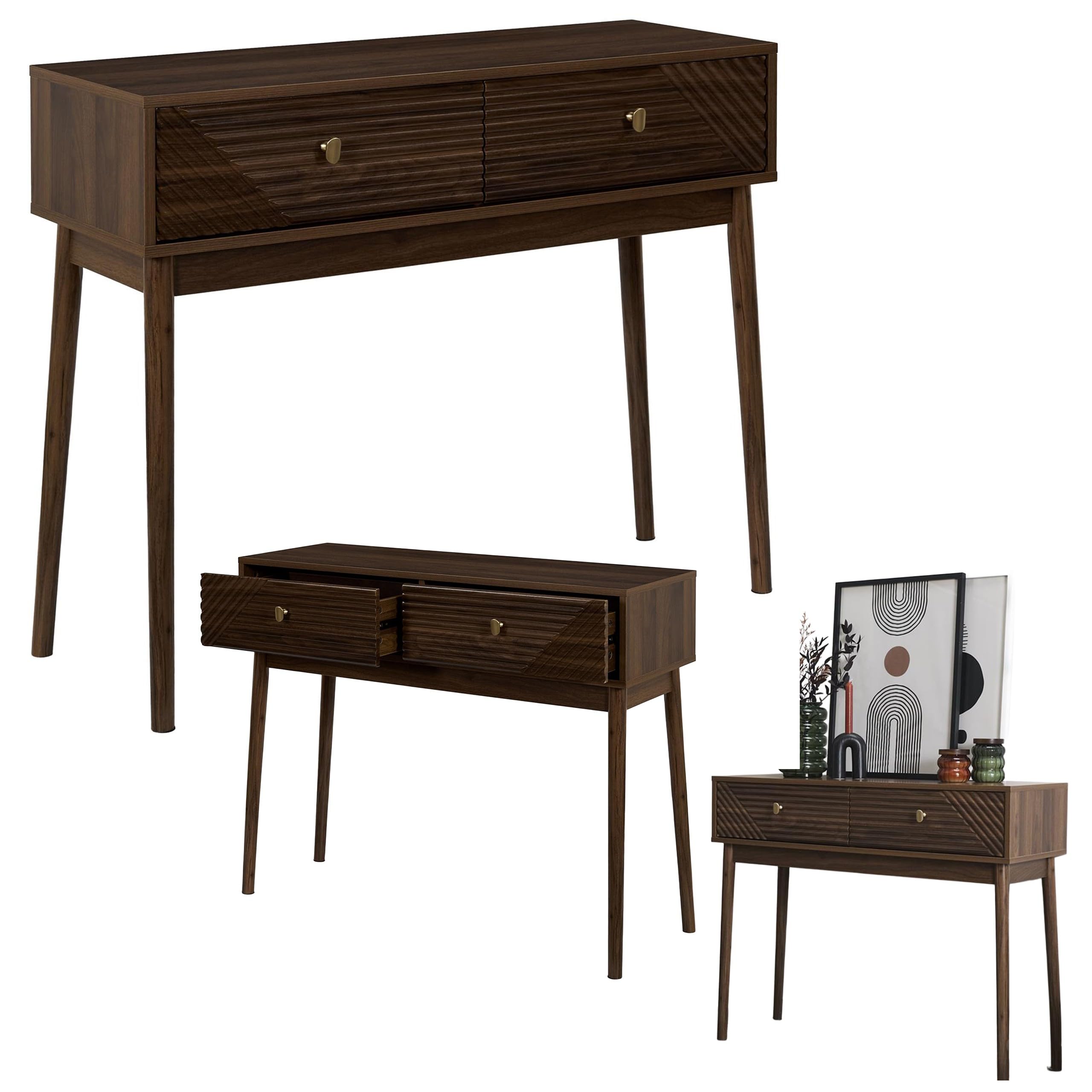 Consola con frentes geométricos color nogal oscuro con 2 cajones asas diseño delgado pasillo sala de estar dormitorio retro moderno