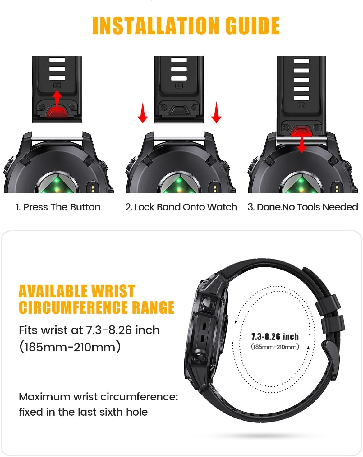 NotoCity for Fenix 7 Pro Band 22mm Width Fenix 6 Strap for Fenix 5/Fenix 7/Fenix 5 Plus/Fenix 6 Pro Soft Silicone Watch(Black) - Image 6