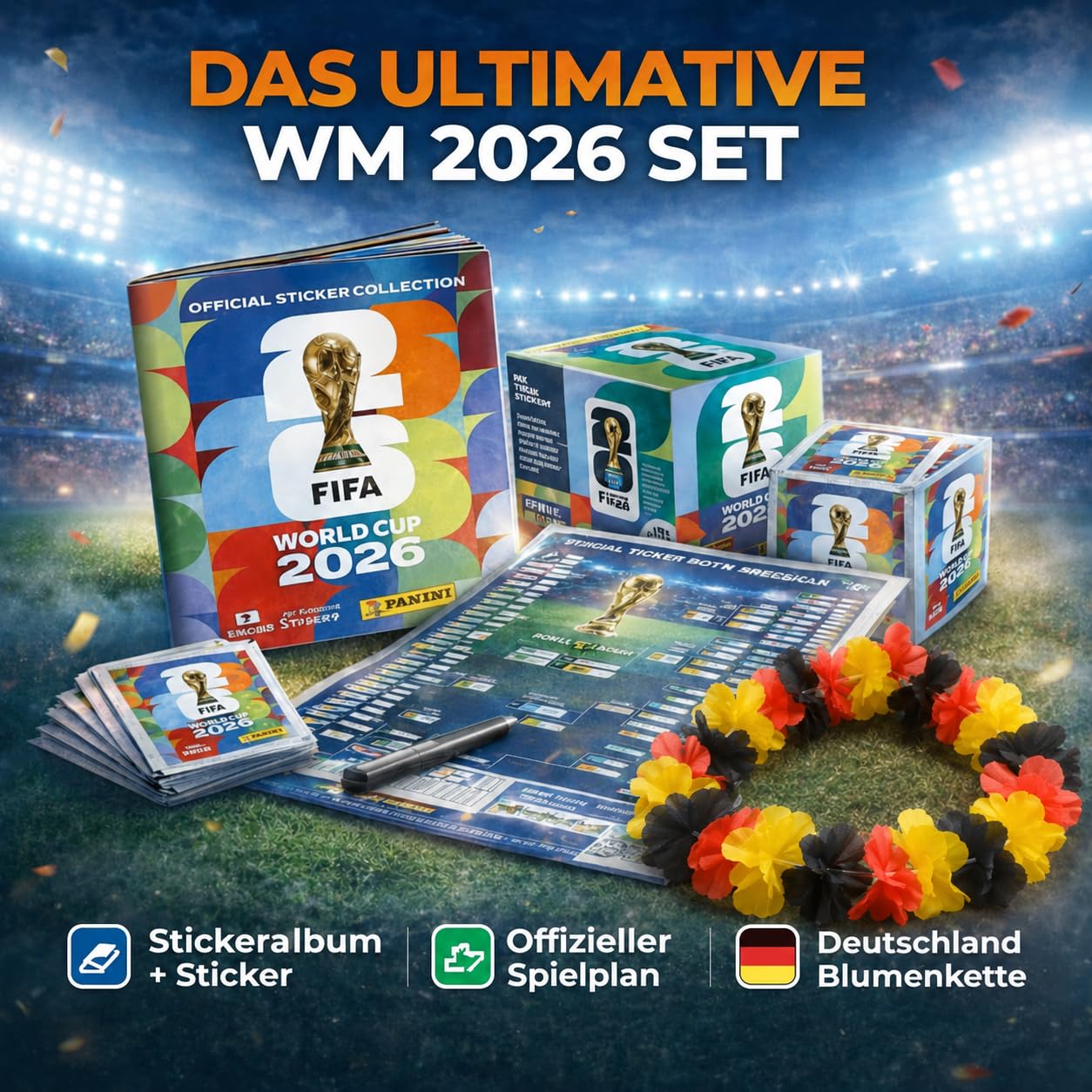 XXL Fan Starterset WM 2026 – Original Panini Sticker Album, Extra 1x Spielplan & Deutschland Blumenkette (10 Tüten / 70 Sticker Set) Eigenmarkenbundle