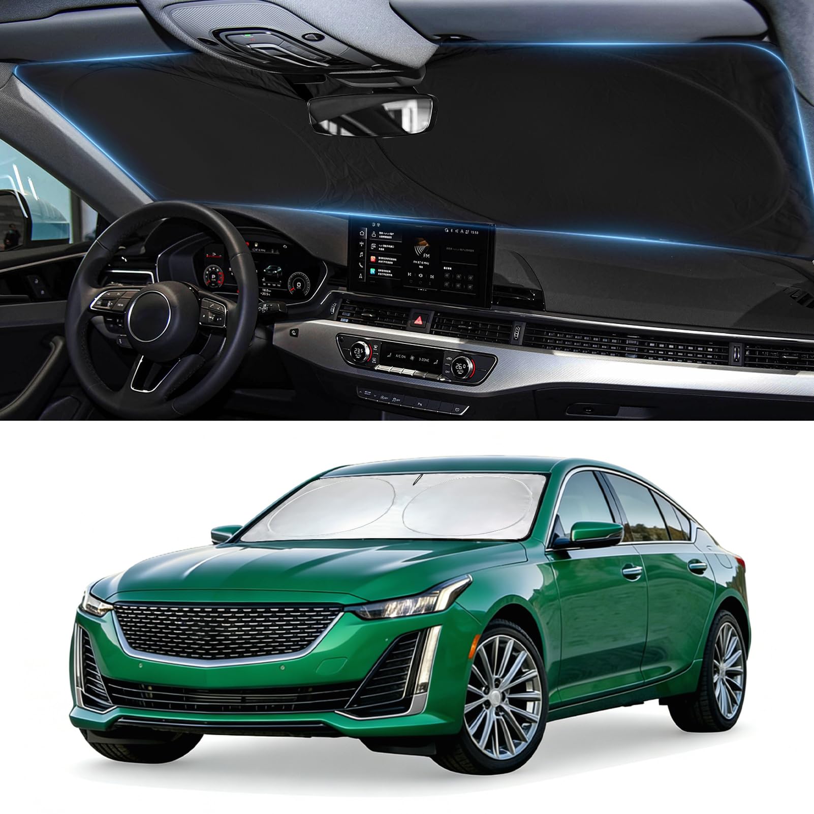 Windshield Sun Shade for Cadillac CT5 2020-2024 2025 2026, Custom-Fit CT5 Sun Visor Protector, 99% UV Block Heat Sun Shield, Silver Reflective Front Window Sunshade