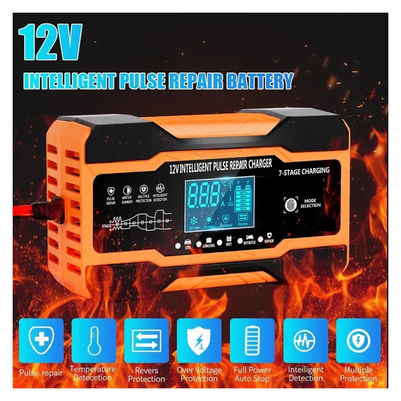 Ładowarka Samochodowa 12V 12A 10A 240W 180W W Pełni Automatyczne Akumulatory Samochodowe 7-stopniowa Naprawa Impulsu Ładowania Dla AGM GEL MOKRY Kwas Ołowiowy(12 to 24V 10A Red)