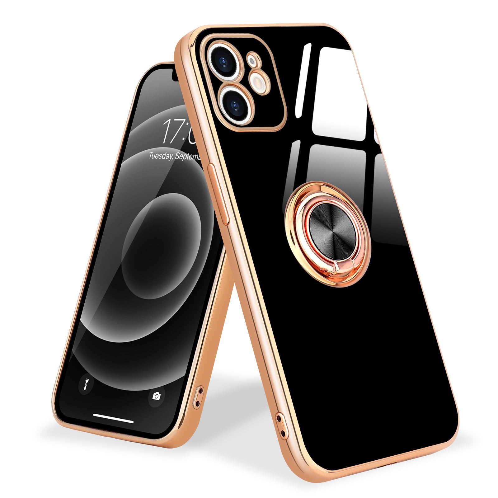 Urarssa for iPhone 12 Phone Case with 360° Rotatable Finger Ring Holder Kickstand Magnetic Shiny Gold Plated Edge for Women Men Shockproof Soft TPU