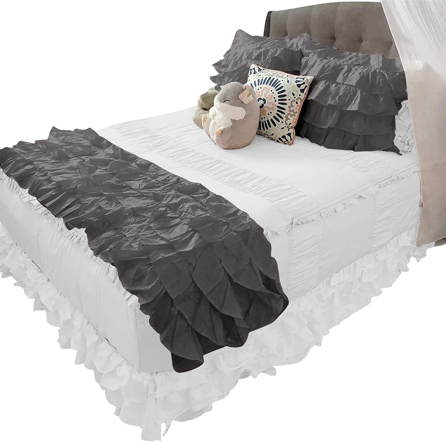 AMAY 100% Egyptian Cotton 300 Thread Ruffled Bed Runner Decorative 3 Piece (1 Bed Runner 2 Pillow Shams) Lavender Solid