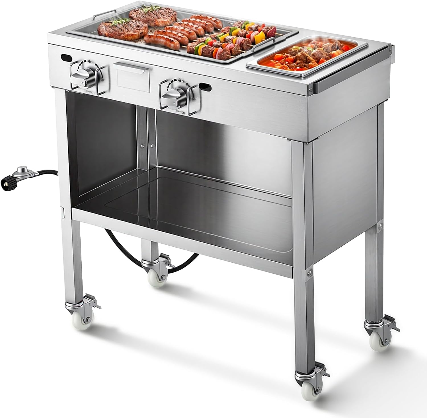 VEVOR Outdoor Propane Griddle, 2 Burners (11,600 BTU Each), Commercial Stainless Steel Gas Griddle Cart with 4 Lockable Wheels, 1/3 Food Pan, Easy-Grip Side Handle, Ideal for Hot Dogs, Burgers & Meats