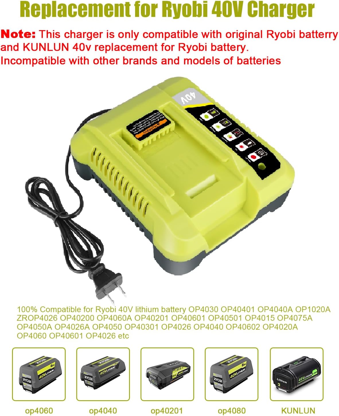KUNLUN OP401 40V Battery Charger and 1Pack 40V 6.0Ah Battery Kit for RYOBI OP4040 OP40201OP4026 OP4030 OP4050 OP4050A OP4060 OP40601 OP40602 OP4060A OP4075A