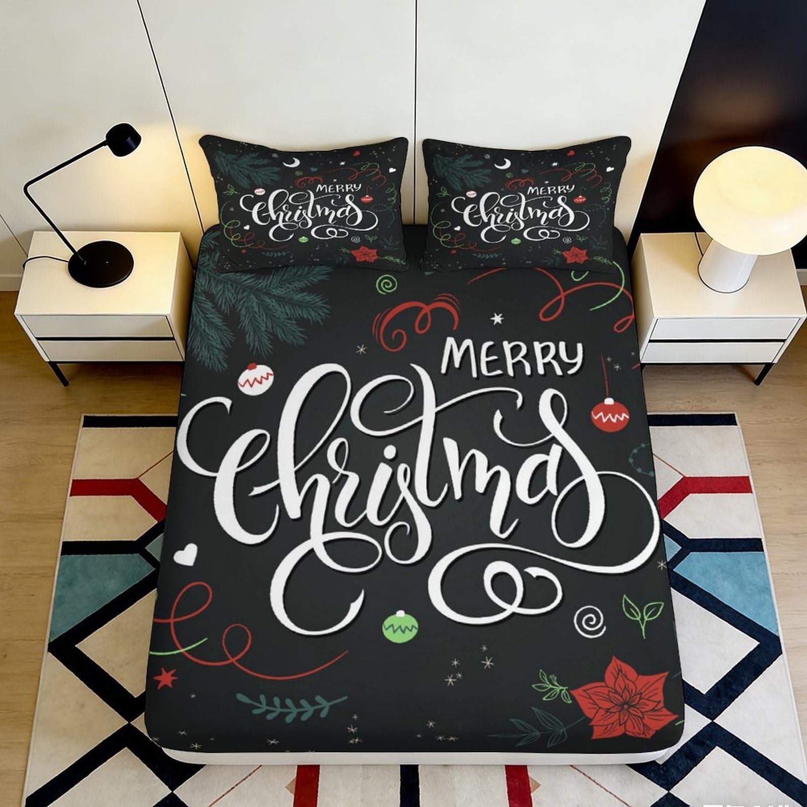 Pnayamiorkfel Style-7 3D Printed Christmas Ornament Fitted Sheet Microfiber Soft Black Merry Christmas Bed Cover For Bedroom Guest Room Decor 90X200x25cm