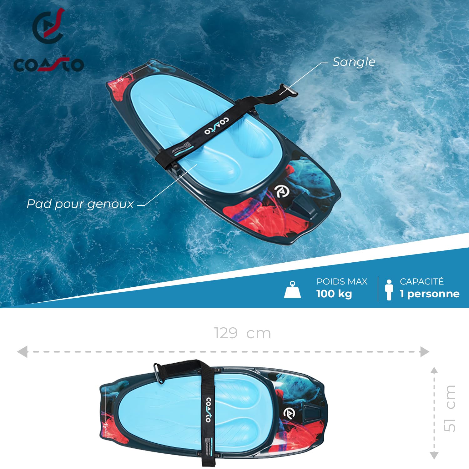 Coasto - Kneeboard Pyrite PB-CKBD598 - Planche en Plastique Rotomoulé - pour Toute la Famille - Tout Niveau - Stable et Performant - Charge Max. Supportée 100 kg - 129x51x11 cm (50"x20"x4")