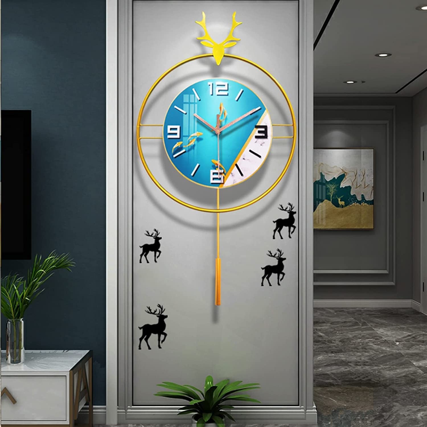 SaryEdge Wall Clock Modern Deer Art Metal Pendulum Wall Clock, Silent Non-Ticking Wall Clock for Living Room Decor, Wall Decoration Bedroom Office,70Cm A Wall Decor Clock-80cm B-One,80cm B-One Size