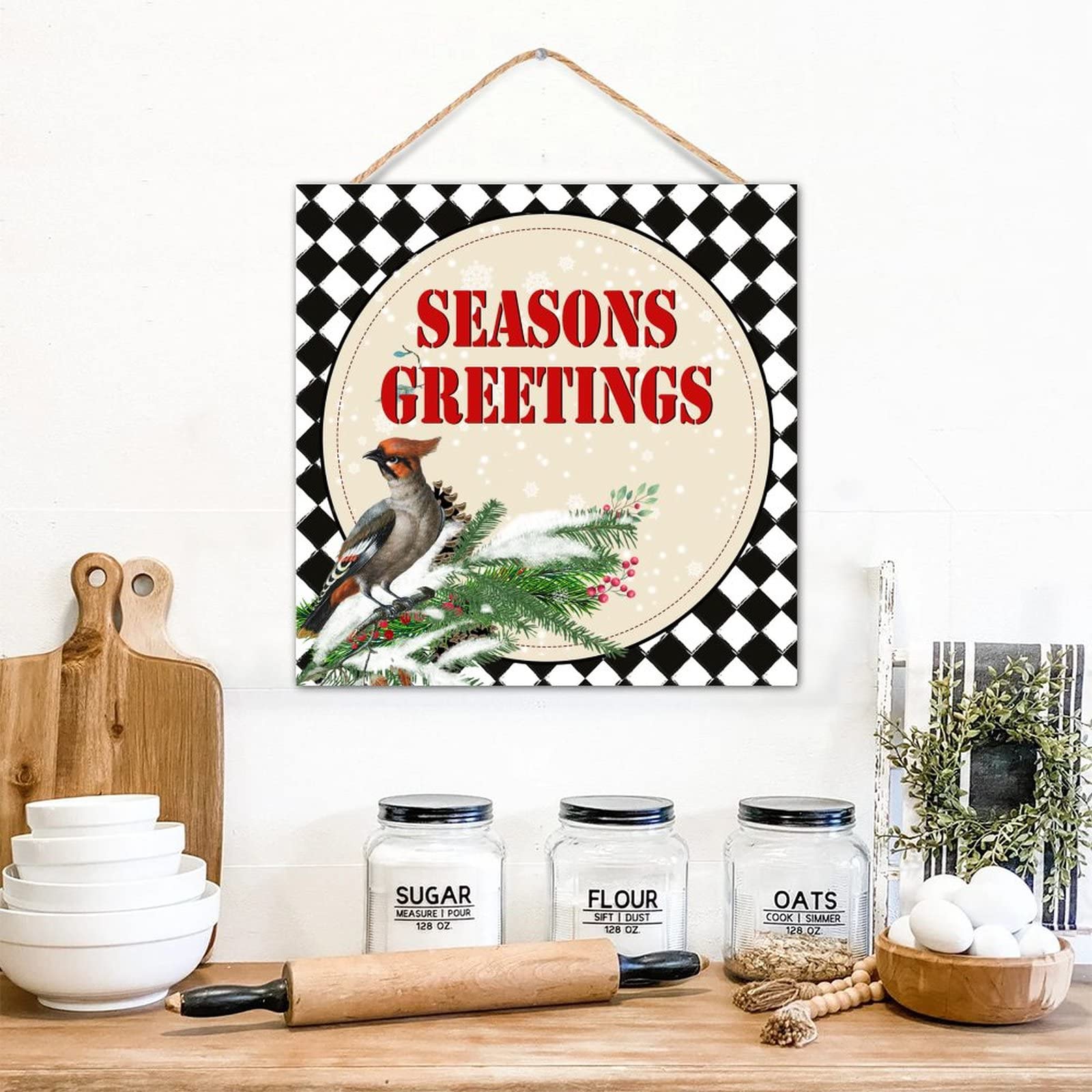 Panneau bois Red Cardinal Seasons Greetings pour salon 30x30 cm
