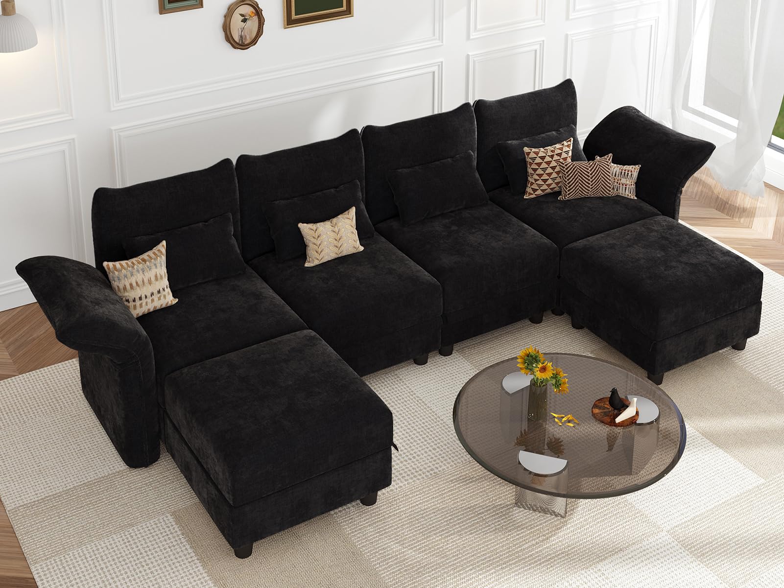 LLappuil 127" Black Sectional Sofa with Storage 6 Piece U Shaped Modular Couches for Living Room with Adjustable Arms Backs, Convertible to L Shape/