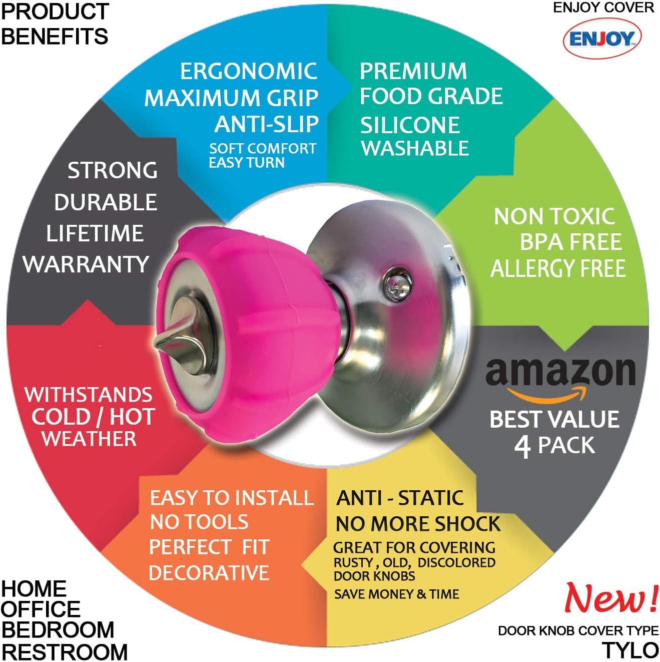 New Enjoy Cover - Door Knob Cover Grips Non Slip Arthritis & Senior Living Aids Grippy Easy Open Decorative. Simple Functional Effective Solution- 4 Pack (Hot Pink, Tylo) : Health & Household