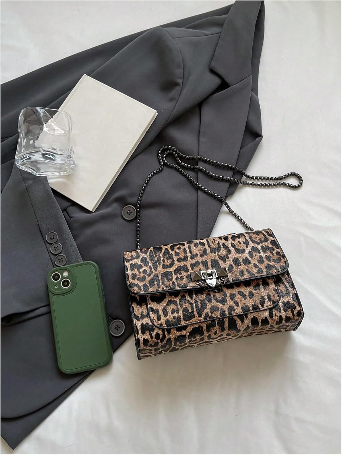 RoseSeek Women's Leopard Print Chain Shoulder Bag Metal Buckle Handbags Leather Clutch Purse
