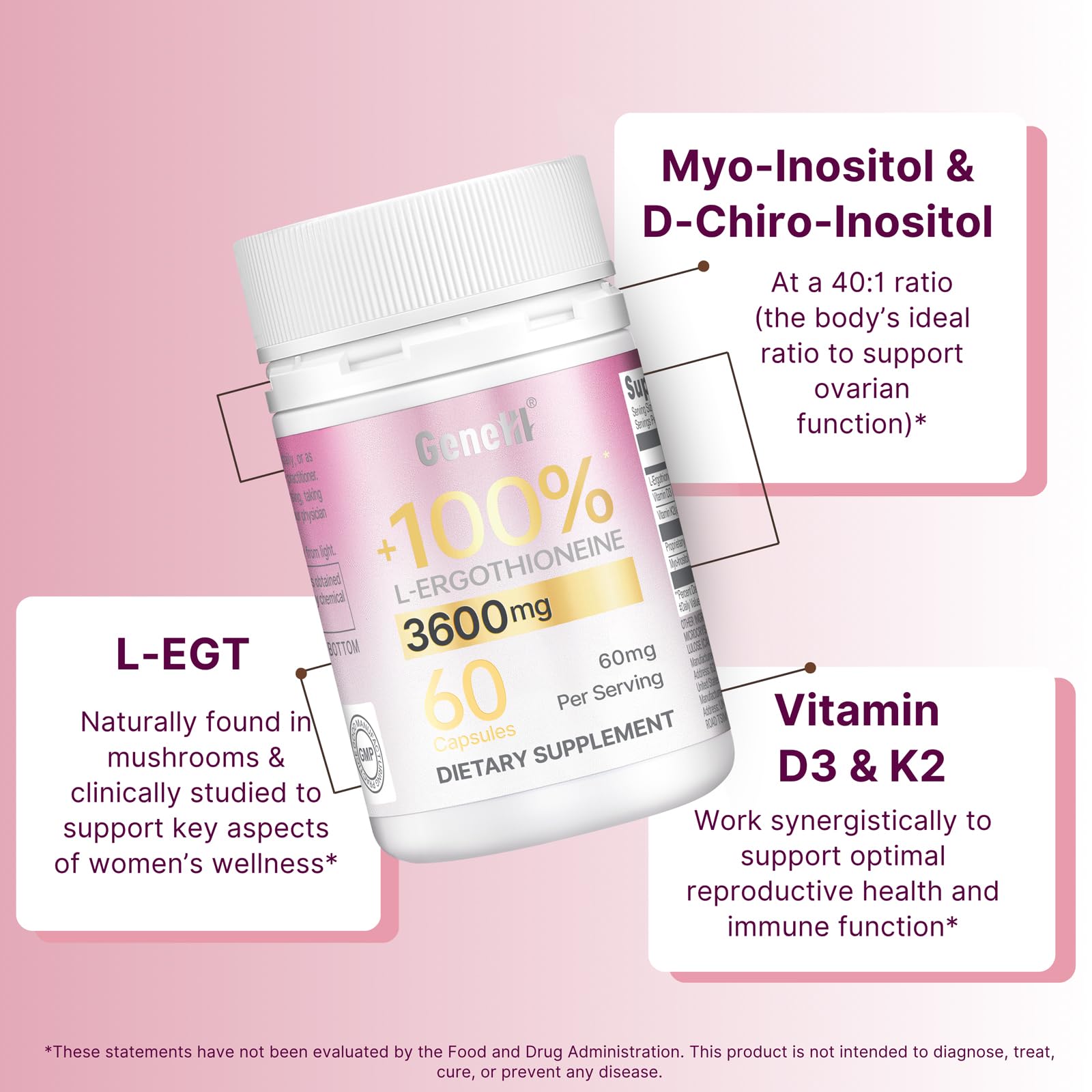 Women's Hormonal Health Supplement - 60mg L-Ergothioneine + Myo-Inositol, Vitamin D3 & K2 - Cycle Support, Sleep & Energy - Vegan, Non-GMO, 60 Count — Amazon image 7