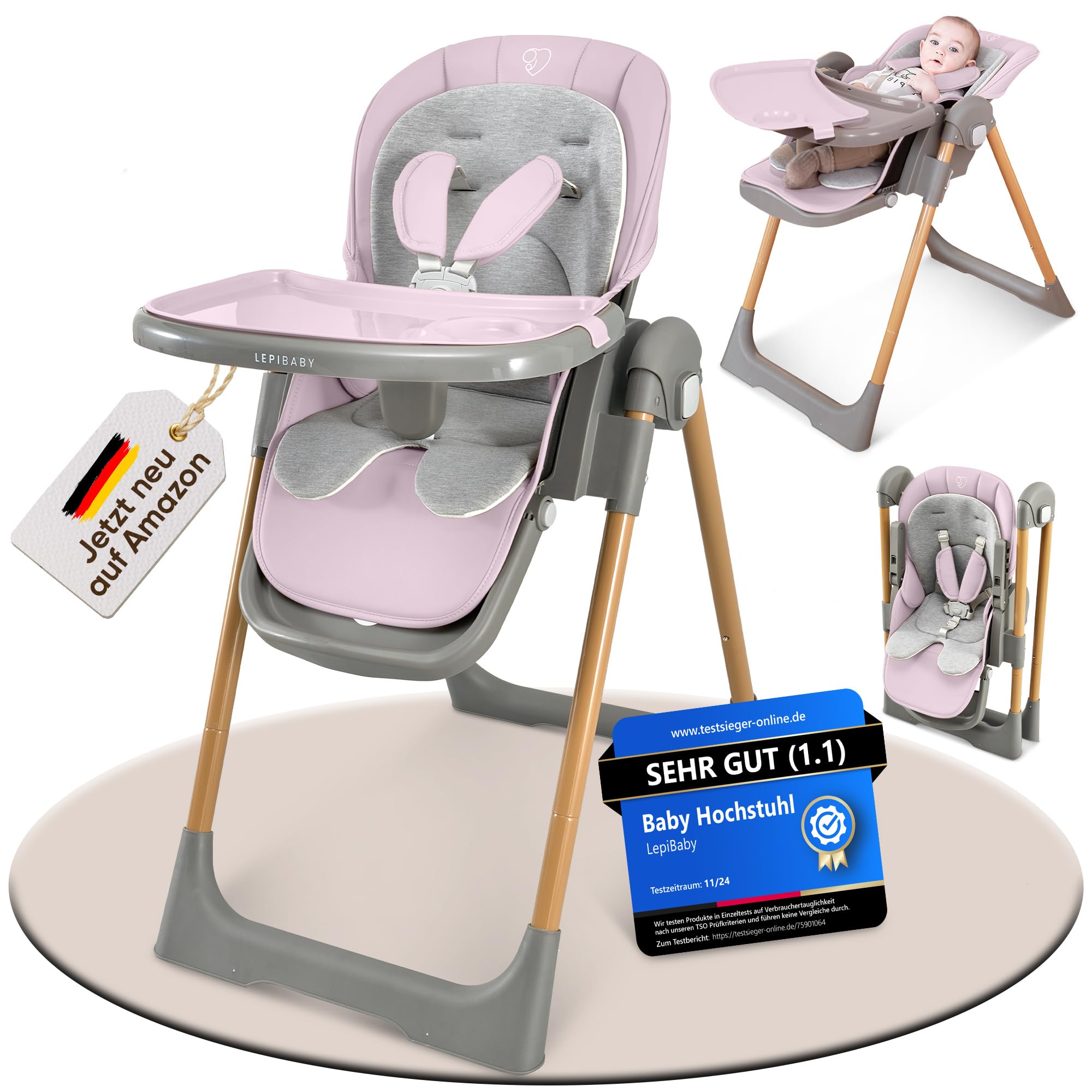 LepiBaby FlexiCo Hochstuhl Baby mit Liegefunktion & Neugeborenenaufsatz, Klappbar & Höhenverstellbar | Kinderstuhl Kinderhochstuhl Babystuhl | Mitwachsend Kind ab Geburt, 1-3 Jahre | Rosa