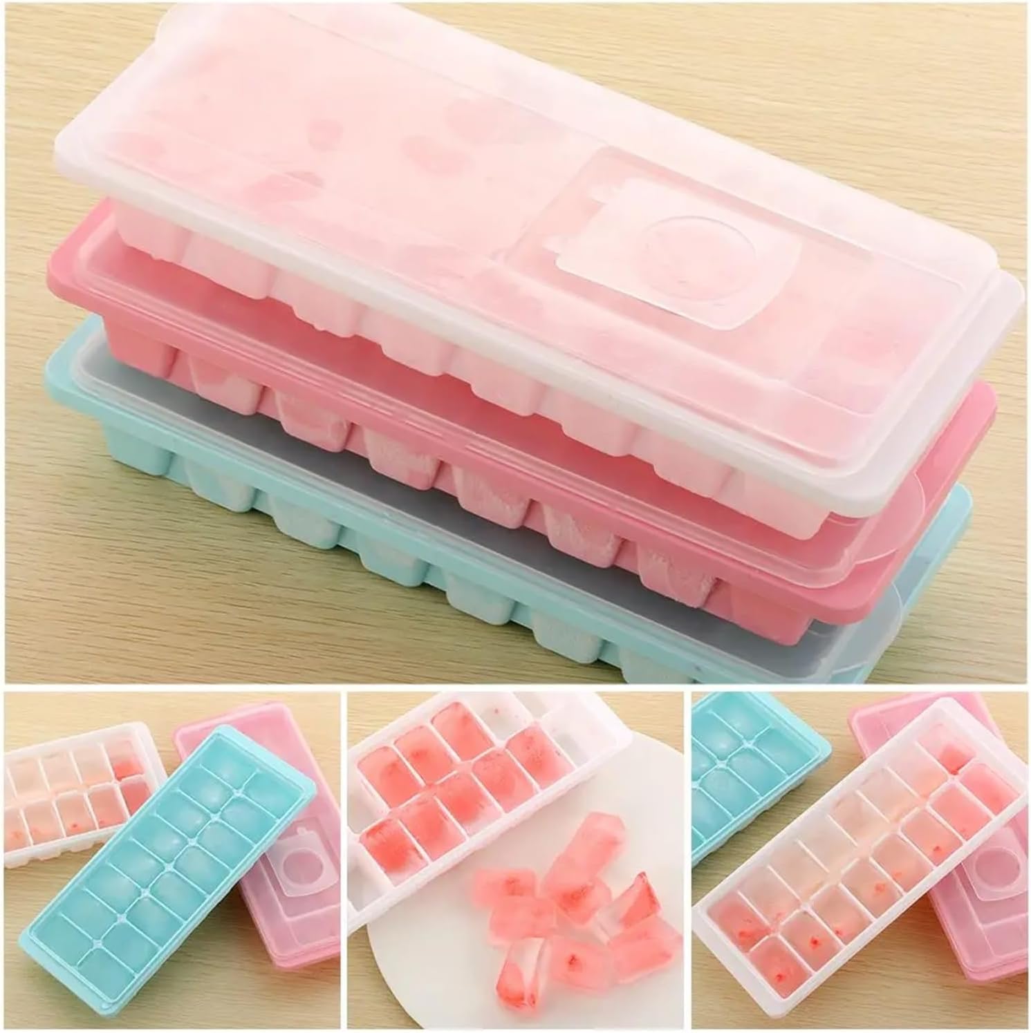 16個入りアイストレーキューブ型 蓋付き ノンスティックプラスチック型 ドリンクゼリー 冷凍庫メーカーボックス プラスチックカバー