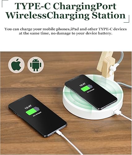 Miniatura 3 de ELYONA Lámpara de escritorio blanca con cargador inalámbrico, lámpara de mesa de madera maciza con puerto de carga USB C, luz de trabajo de lectura