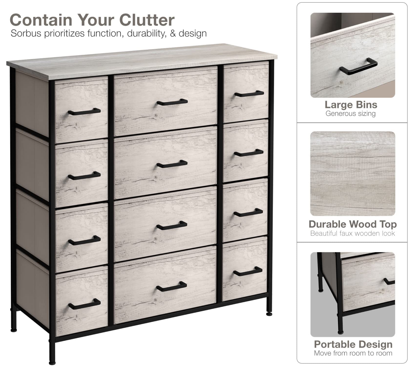 Sorbus Dresser with 12 Faux Wood Drawers - Storage Unit Organizer Chest for Clothes - Bedroom, Hallway, Living Room, Closet, & Dorm Furniture - Steel Frame, Wood Top, & Easy Pull Fabric Bins