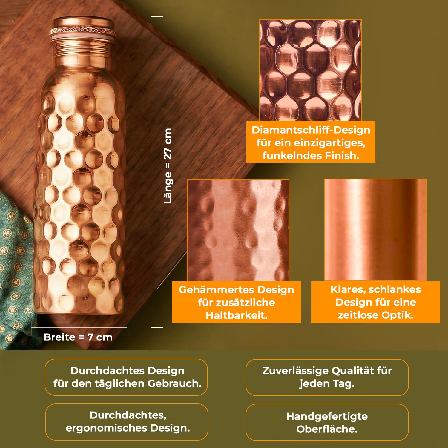 Semplice bottiglia d'acqua in rame, 900 ml, 99,99% rame puro, design senza cuciture, chiusura in silicone, leggera, ayurvedica, nessun rivestimento interno, ecologico e antimicrobico