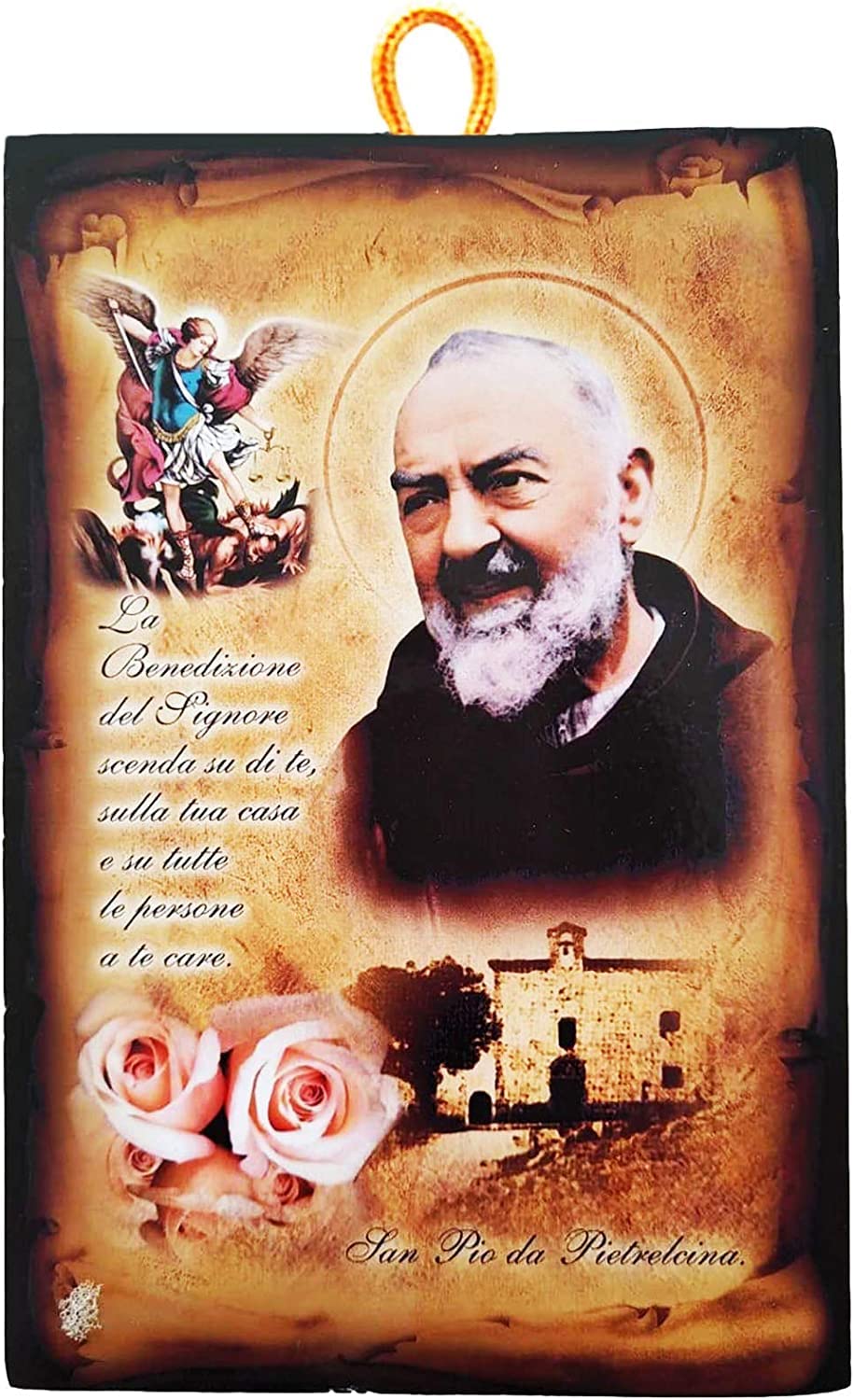 Kustom Art Multi-Color Quadretto Vintage Style Padre Pio Series Print On Wood 25X18 Cm.