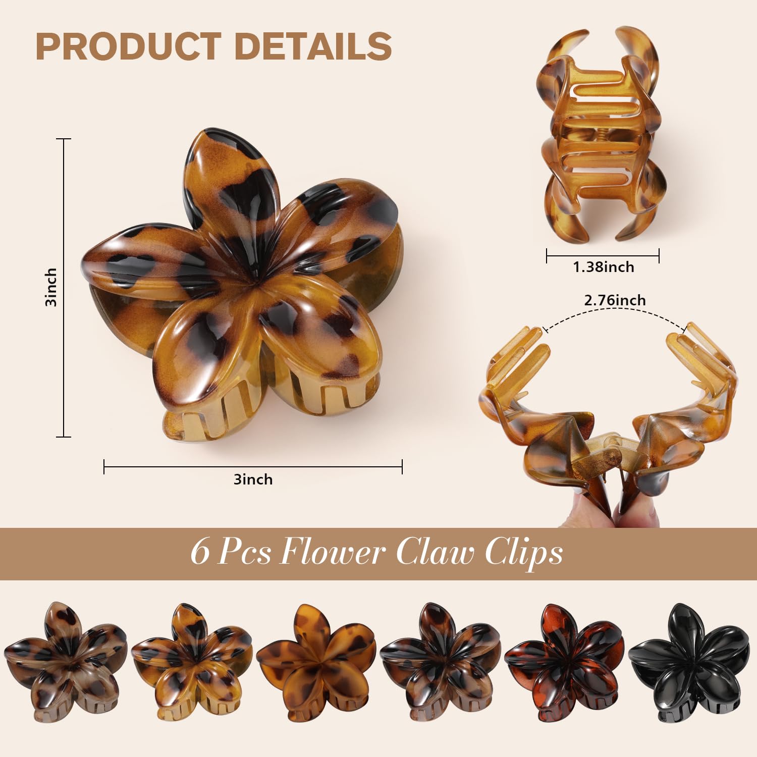 6 PCS Tortoise Flower Hair Clips for Women Girls, Large Hawaiian Flower Claw Clips for Thick Hair, Big Plumeria Jaw Clips, Strong Hold Non Slip Hair Accessories, Tortoise, Black - Image 3
