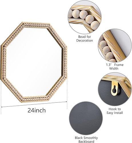 Miniatura 2 de Gumcoly Espejo de pared circular de 20 pulgadas, espejo redondo con marco de madera, borde ondulado dorado, espejo decorativo de tocador, espejo de