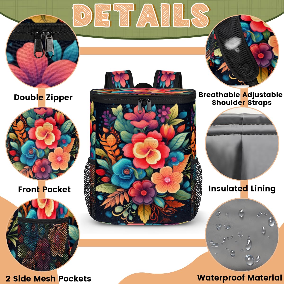 Colorful Floral Print Women’s Backpack Cooler Tote - Pink & Teal Amazon.com: Small Cooler Backpack Insulated Waterproof  main image 4