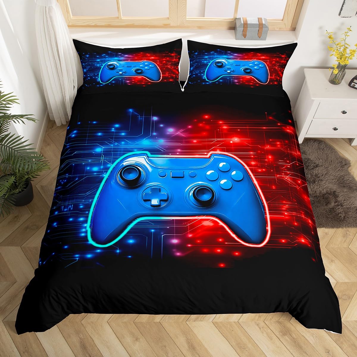 Homemissing Gamer Duvet Cover Set Single Size Blue Gaming Breathable Bedding Set Red GamePad Zippered Duvet Cover with 1 Pillowcase Children Games Controller For Teenager Boy - Image 3