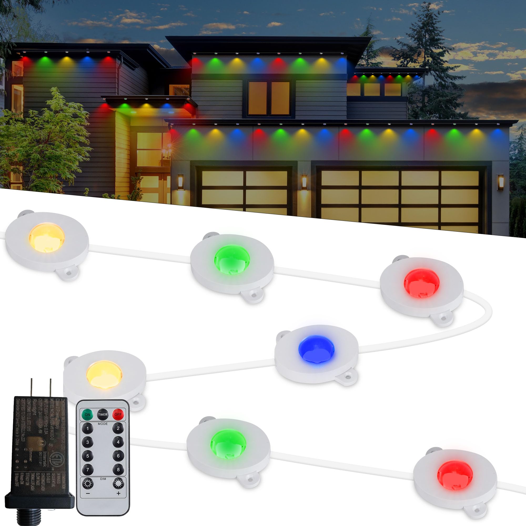 MERRIMAX M Permanent Outdoor Lights, 50ft 36LED Eaves With Remote, 8 Modes Waterproof Connectable Christmas String for Indoor, Party (Multi-Colored)