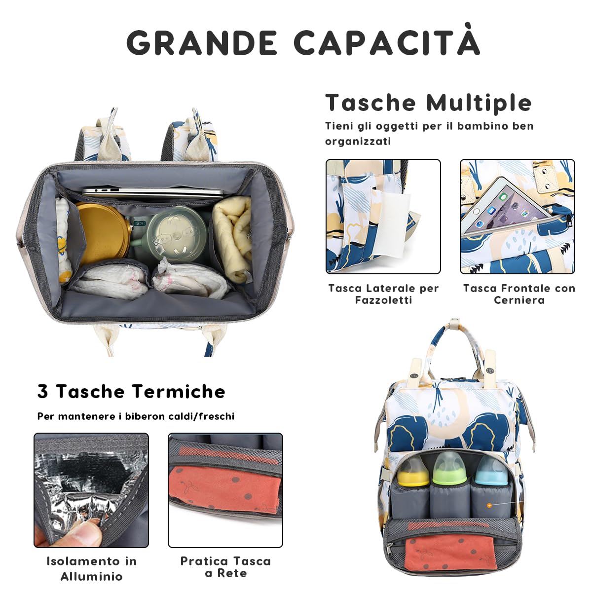 SONARIN Versatile Moda Zaino Fasciatoio,Grande Capacità Impermeabile Borsa per Pannolini Zaino Mamma Borsa Fasciatoio da Viaggio Portatile con 3 Tasche Termiche & Porta USB(Blu)