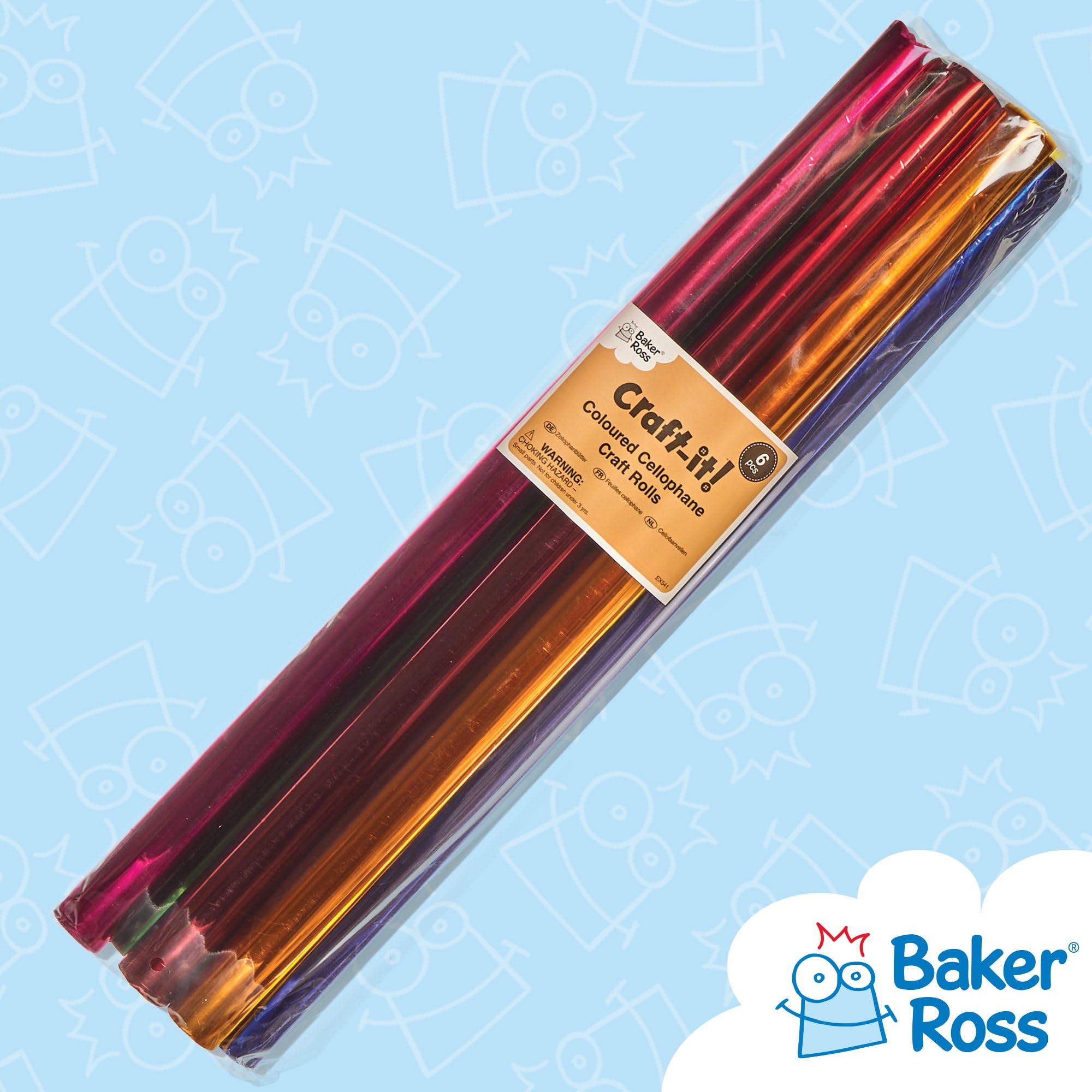 Baker Ross Cellofan Colorato (Pacco da 6 rotoli) Ideali per le Decorazioni per Bambini